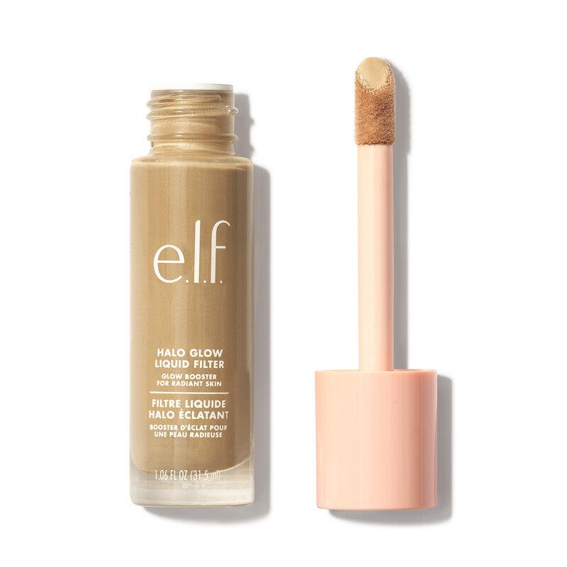 e.l.f Halo Glow Liquid Filter in a glass bottle with applicator, a hydrating glow booster for radiant skin.