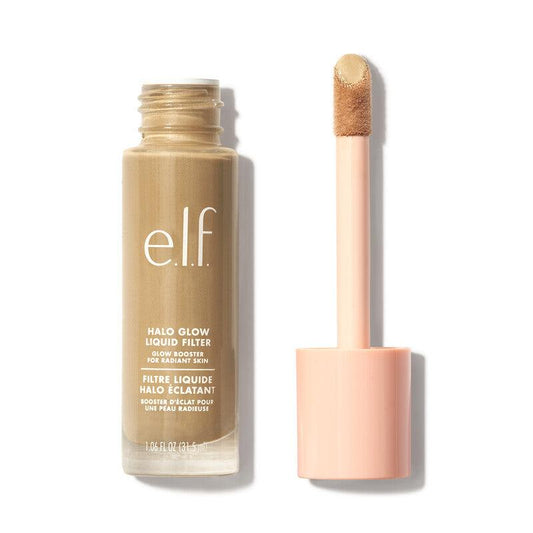 e.l.f Halo Glow Liquid Filter in a glass bottle with applicator, a hydrating glow booster for radiant skin.