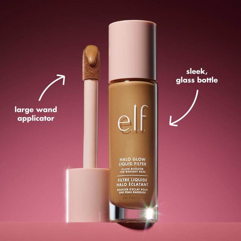 e.l.f Halo Glow Liquid Filter in a sleek glass bottle with a large wand applicator for radiant skin.