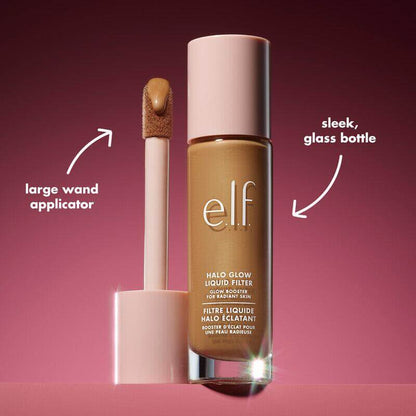 e.l.f Halo Glow Liquid Filter in a sleek glass bottle with a large wand applicator for radiant skin.