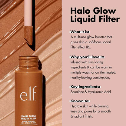 e.l.f Halo Glow Liquid Filter bottle with liquid swatches, multi-use glow booster for a radiant complexion.