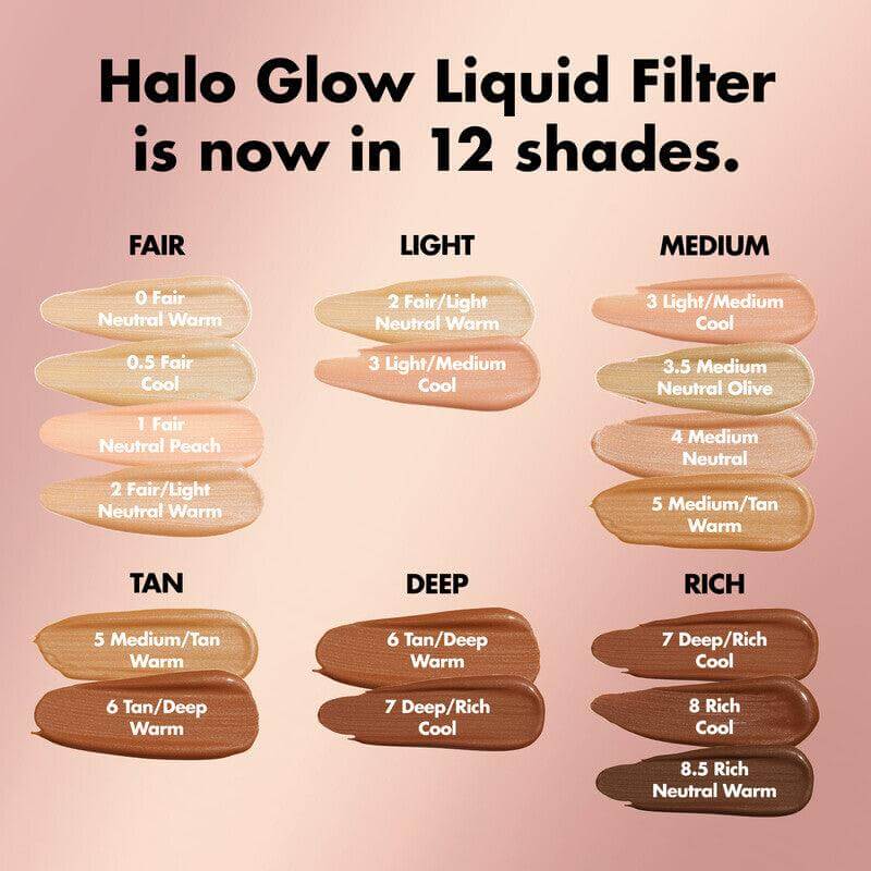 e.l.f Halo Glow Liquid Filter shade chart showcasing 12 skin tones: Fair, Light, Medium, Tan, Deep, and Rich.