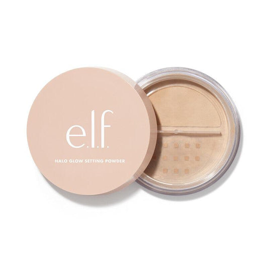 e.l.f Halo Glow Setting Powder in a clear container for a silky, airbrushed finish and glow without shine.