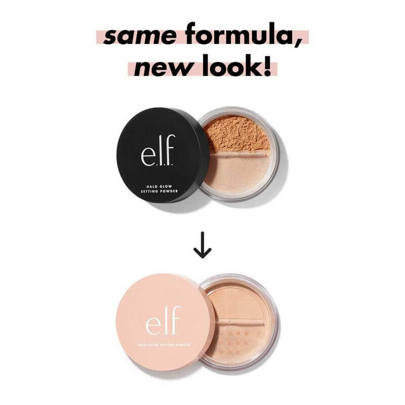 e.l.f Halo Glow Setting Powder in new packaging, featuring silky loose powder for an airbrushed finish.