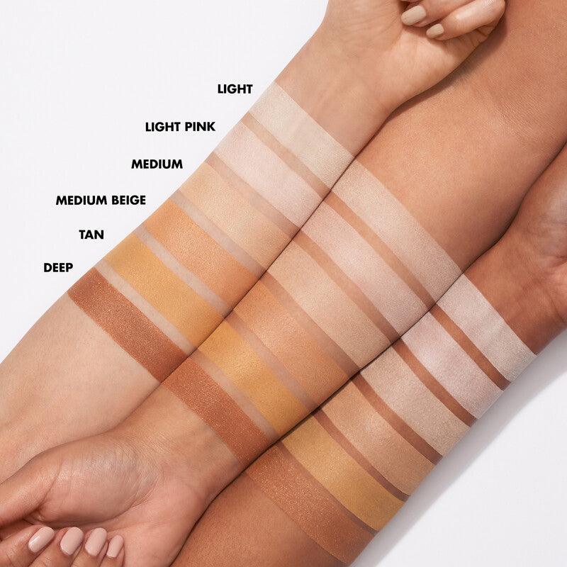 Swatches of e.l.f Halo Glow Setting Powder shades: Light, Light Pink, Medium, Medium Beige, Tan, and Deep.