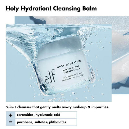 e.l.f Holy Hydration! Makeup Melting Cleansing Balm submerged in water, highlighting its hydrating formula with hyaluronic acid.
