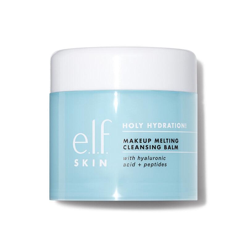 e.l.f Holy Hydration! Makeup Melting Cleansing Balm in a light blue jar, infused with hyaluronic acid and peptides.