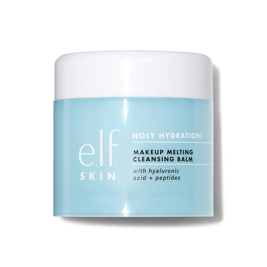 e.l.f Holy Hydration! Makeup Melting Cleansing Balm in a light blue jar, infused with hyaluronic acid and peptides.
