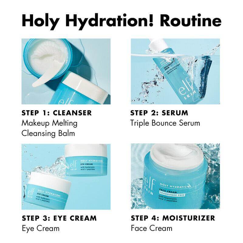 e.l.f Holy Hydration! skincare routine image featuring cleansing balm, serum, eye cream, and face cream steps.