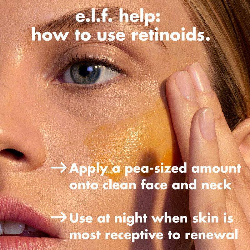 e.l.f. guide on applying retinoids, featuring a model demonstrating application on face