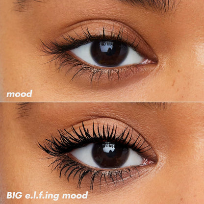 Close-up of a person's eye with makeup labeled 'BIG e.l.f. ing mood'.
