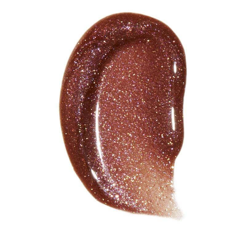 Swatch of e.l.f Lip Lacquer in shimmering brown shade, showcasing its glossy finish and sparkling effect.