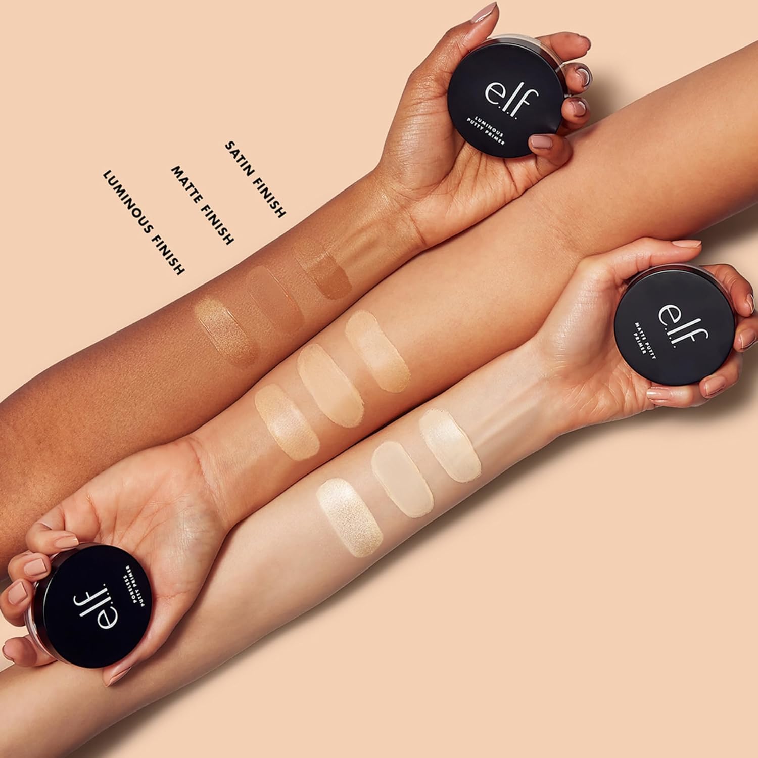 Two hands holding e.l.f makeup products on a beige background