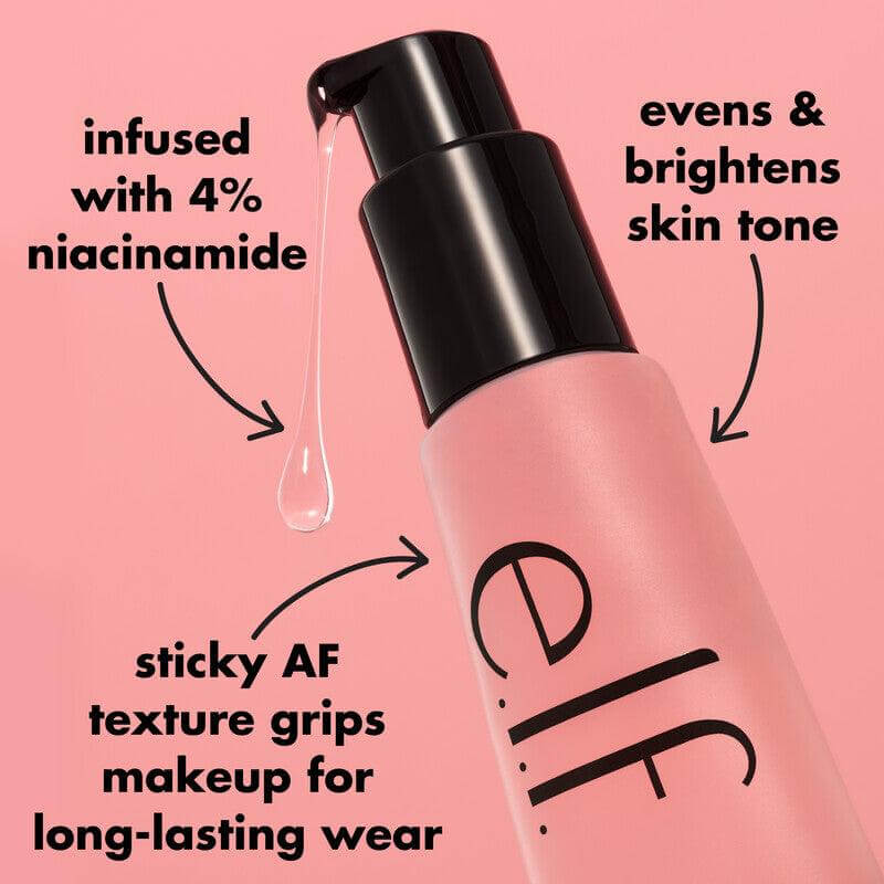 e.l.f Power Grip Primer with 4% niacinamide, sticky gel for even skin tone and brightening effects.