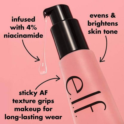 e.l.f Power Grip Primer with 4% niacinamide, sticky gel for even skin tone and brightening effects.