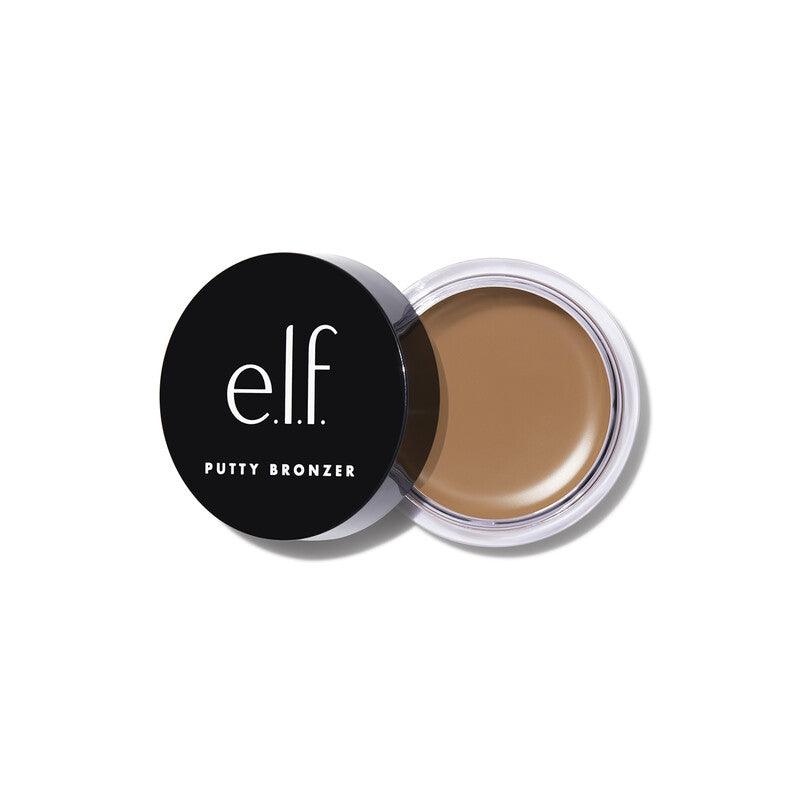 e.l.f Putty Bronzer in a black container, perfect for achieving a sun-kissed glow with a creamy putty-to-powder formula.