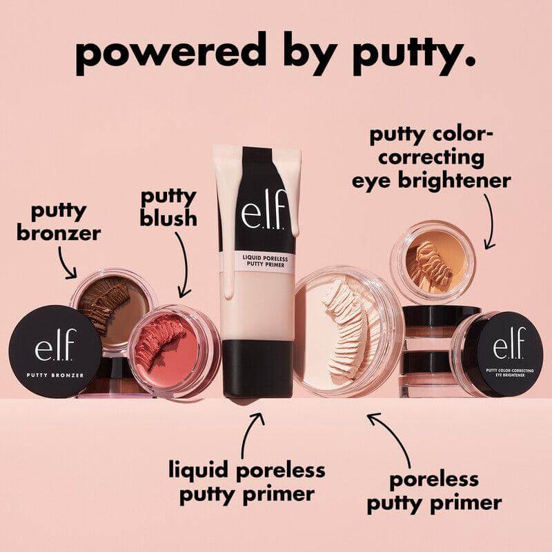 e.l.f. makeup products including putty bronzer, blush, and primers on a pink background for a glowing complexion.