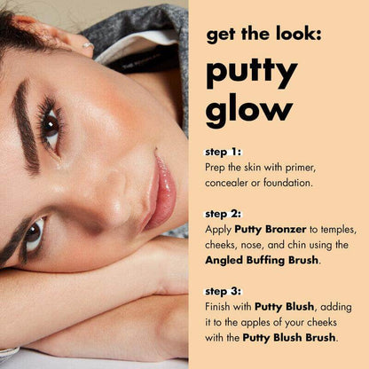 Model demonstrating the e.l.f Putty Bronzer application steps for a sun-kissed glow.