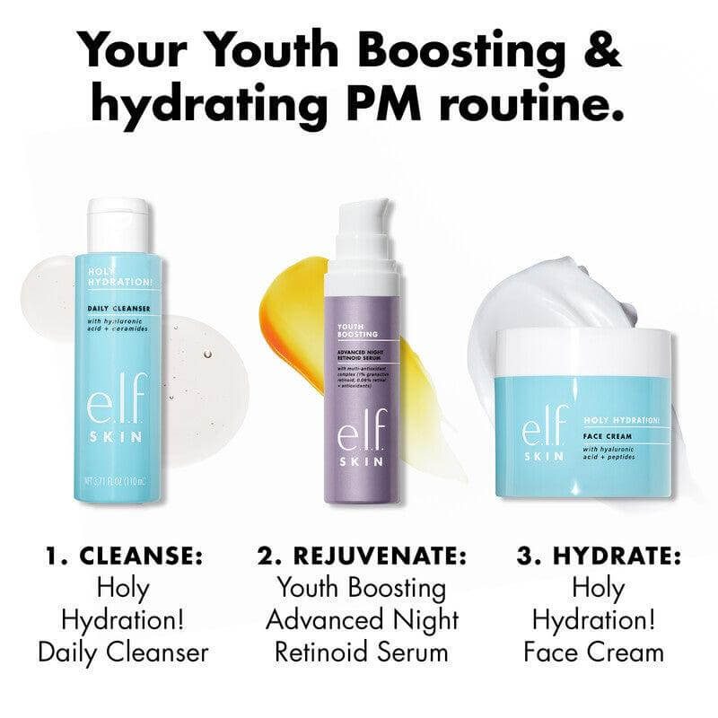 Your Youth Boosting skincare routine featuring e.l.f Daily Cleanser, Night Retinoid Serum, and Face Cream.