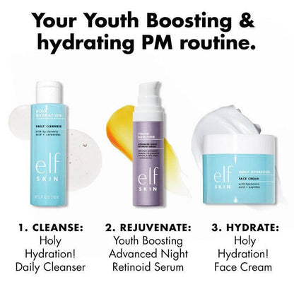 Your Youth Boosting skincare routine featuring e.l.f Daily Cleanser, Night Retinoid Serum, and Face Cream.