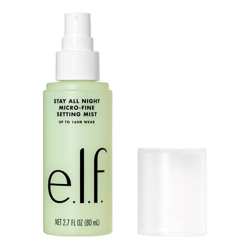 e.l.f Stay All Night Micro-Fine Setting Mist in lightweight green bottle, provides 16 hours of makeup wear.