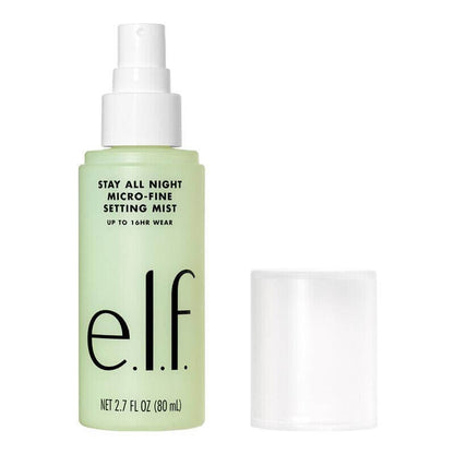 e.l.f Stay All Night Micro-Fine Setting Mist in lightweight green bottle, provides 16 hours of makeup wear.
