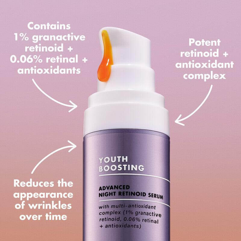 e.l.f Youth Boosting Advanced Night Retinoid Serum with 1% granactive retinoid for reducing wrinkles and promoting radiant skin.