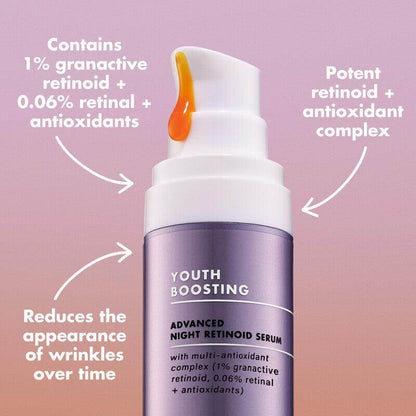 e.l.f Youth Boosting Advanced Night Retinoid Serum with 1% granactive retinoid for reducing wrinkles and promoting radiant skin.