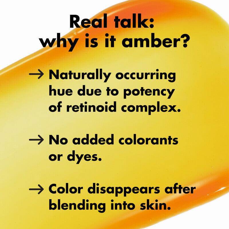 Image explaining the amber hue of e.l.f. Retinoid Serum, highlighting natural color and blendability.