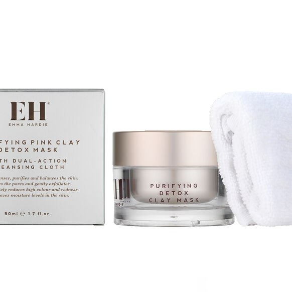 Emma Hardie Purifying Detox Clay Mask with packaging and a towel on a white background