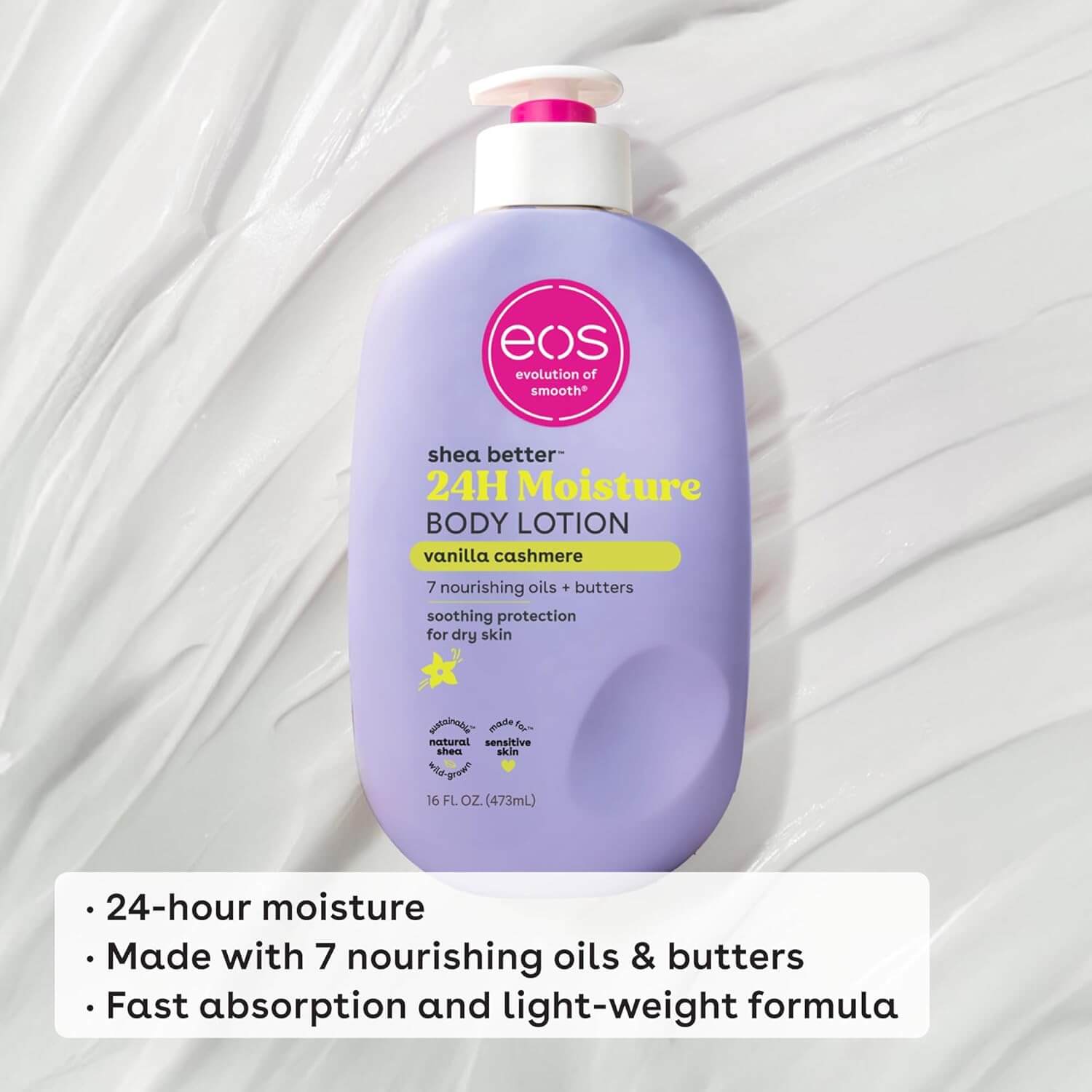 Purple bottle of eos 24-hour moisture body lotion on a white background