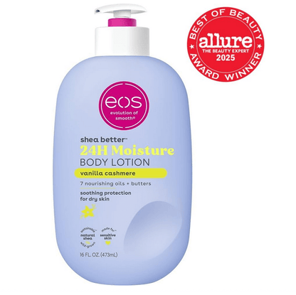 Eos shea butter 24H moisture body lotion bottle with pump on a white background, featuring Allure Best of Beauty Award 2025 badge.