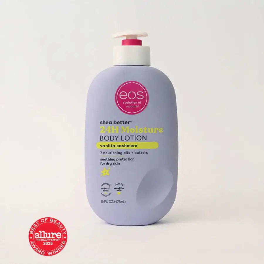Eos shea butter body lotion bottle on a white background with Allure award badge.