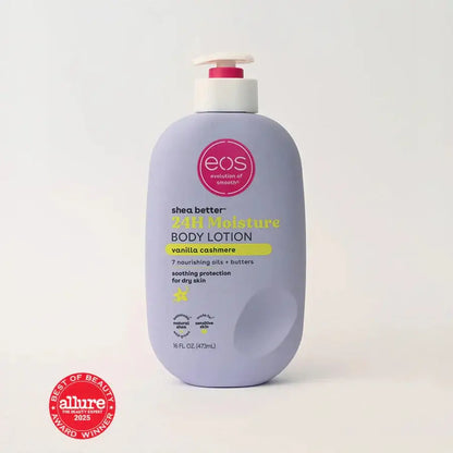 Eos shea butter body lotion bottle on a white background with Allure award badge.