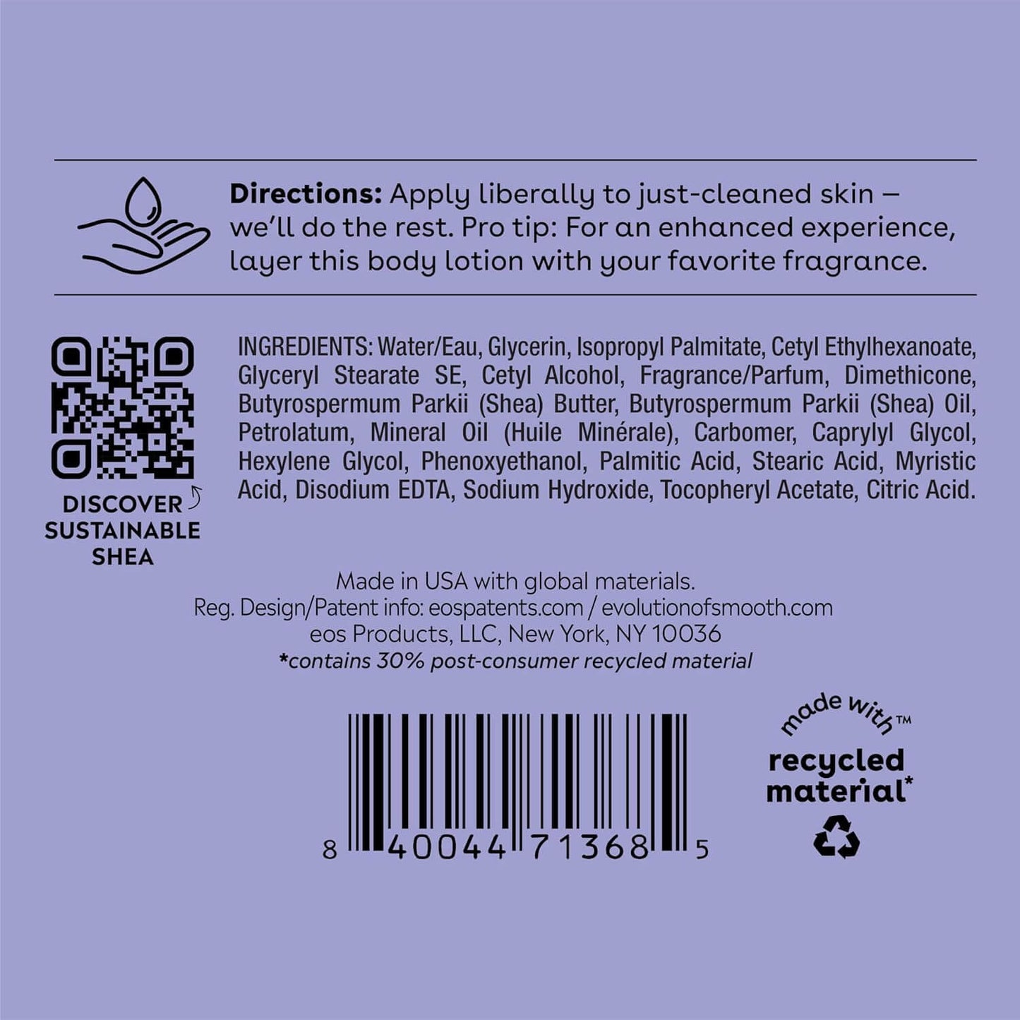 eos Back label of a product with directions, ingredients, and sustainability information on a purple background.