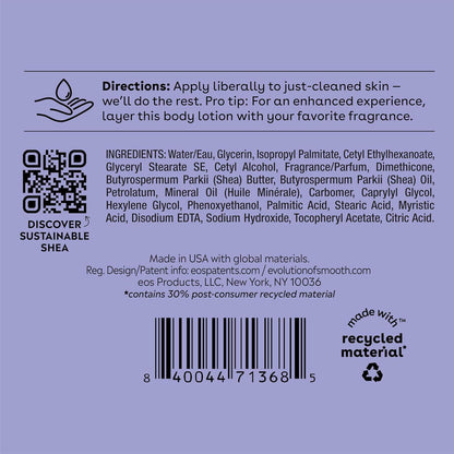 eos Back label of a product with directions, ingredients, and sustainability information on a purple background.