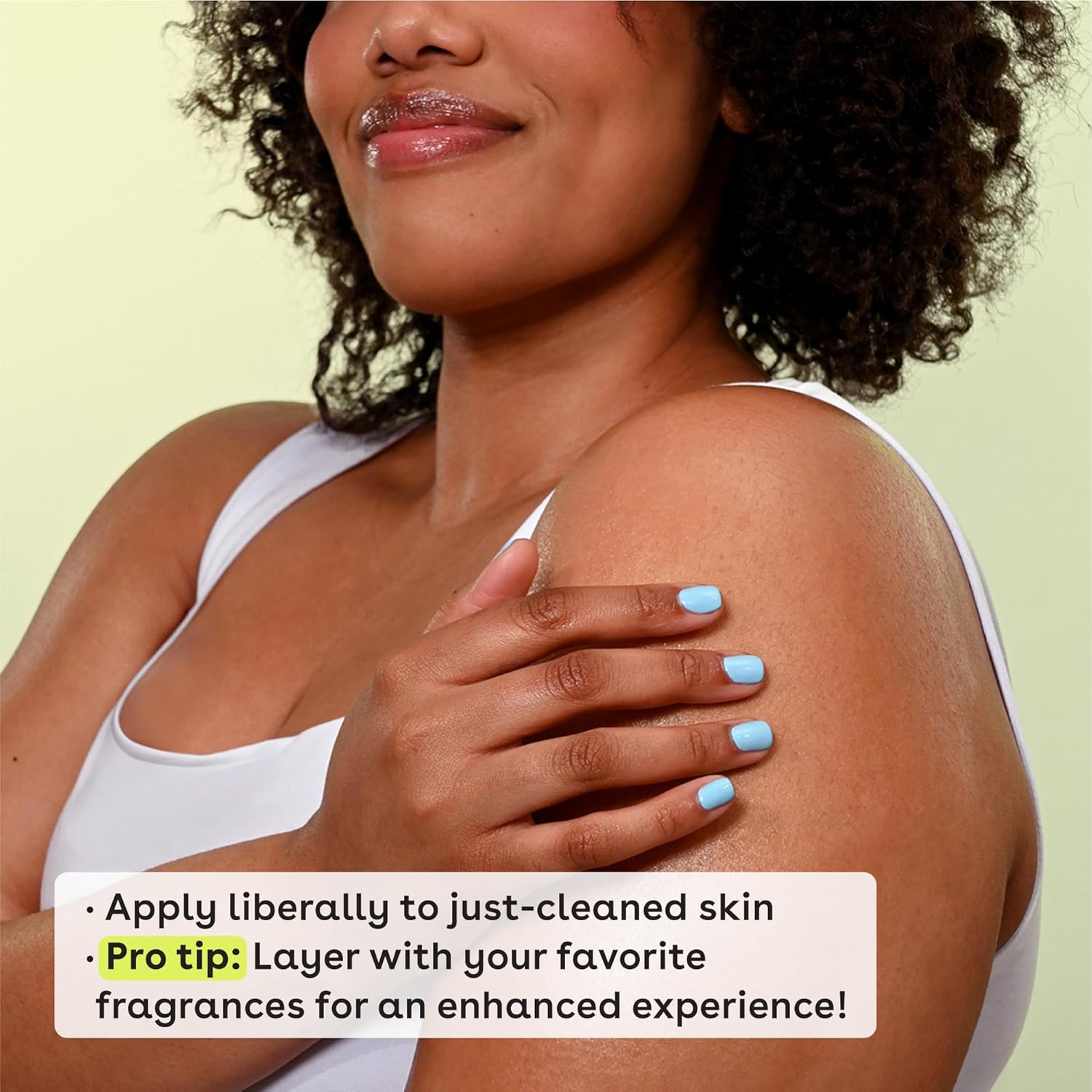 Woman applying eos product to her shoulder with text overlay on a light green background
