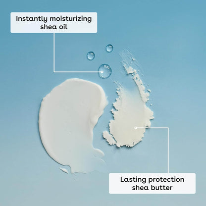 eos Shea oil and shea butter on a blue background with text indicating moisturizing and protection properties.