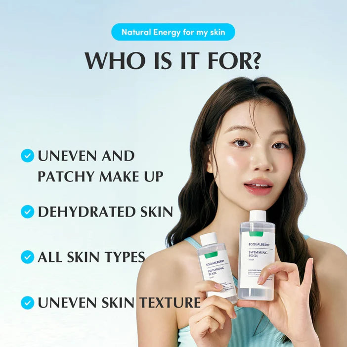 Woman holding Eqqualberry skincare products with text about skin issues and product use.