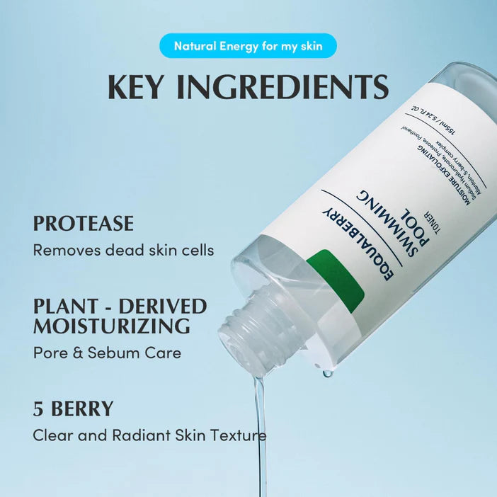 Eqqualberry Skincare product with key ingredients listed on a light blue background