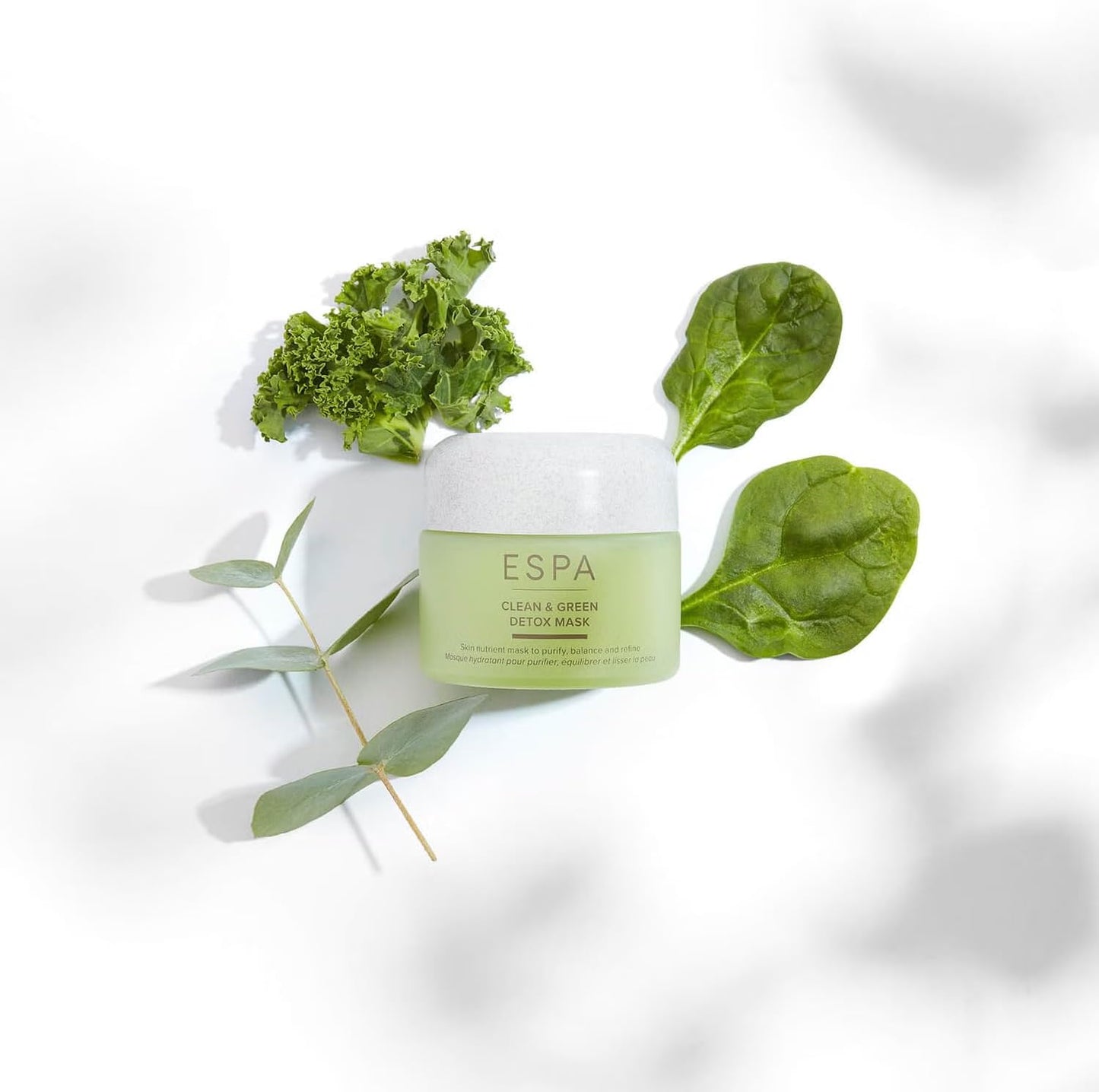 ESPA green detox mask with green leaves on a white background