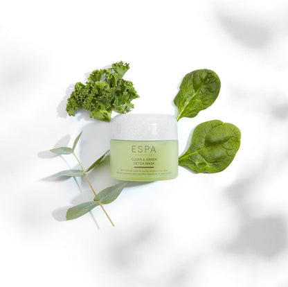 ESPA green detox mask with green leaves on a white background