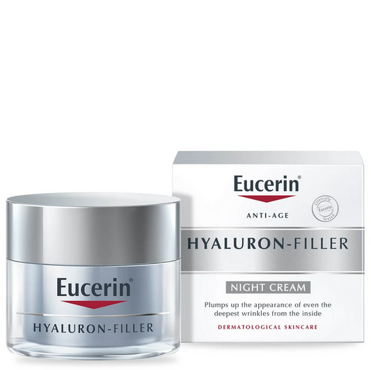 Eucerin Hyaluron-Filler night cream jar and packaging on a white background