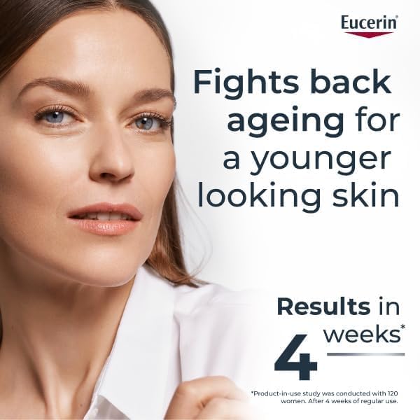 Eucerin advertisement with a woman's face and text about skin care product effects.