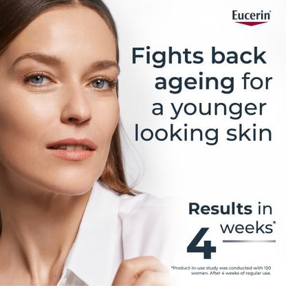 Eucerin advertisement with a woman's face and text about skin care product effects.