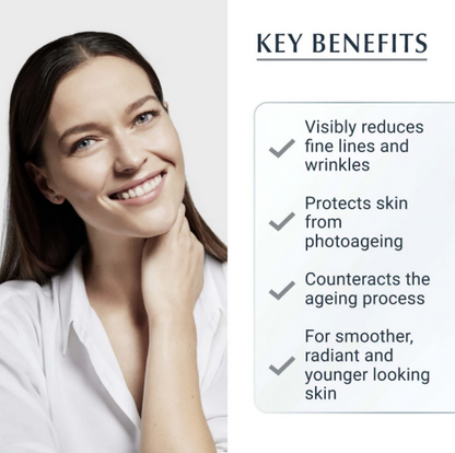 Woman with a smile next to key benefits of Eucerin skincare product on a white background