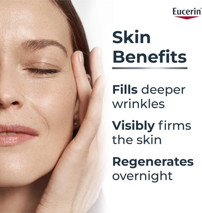 Eucerin advertisement showing a woman's face with text highlighting skin benefits.