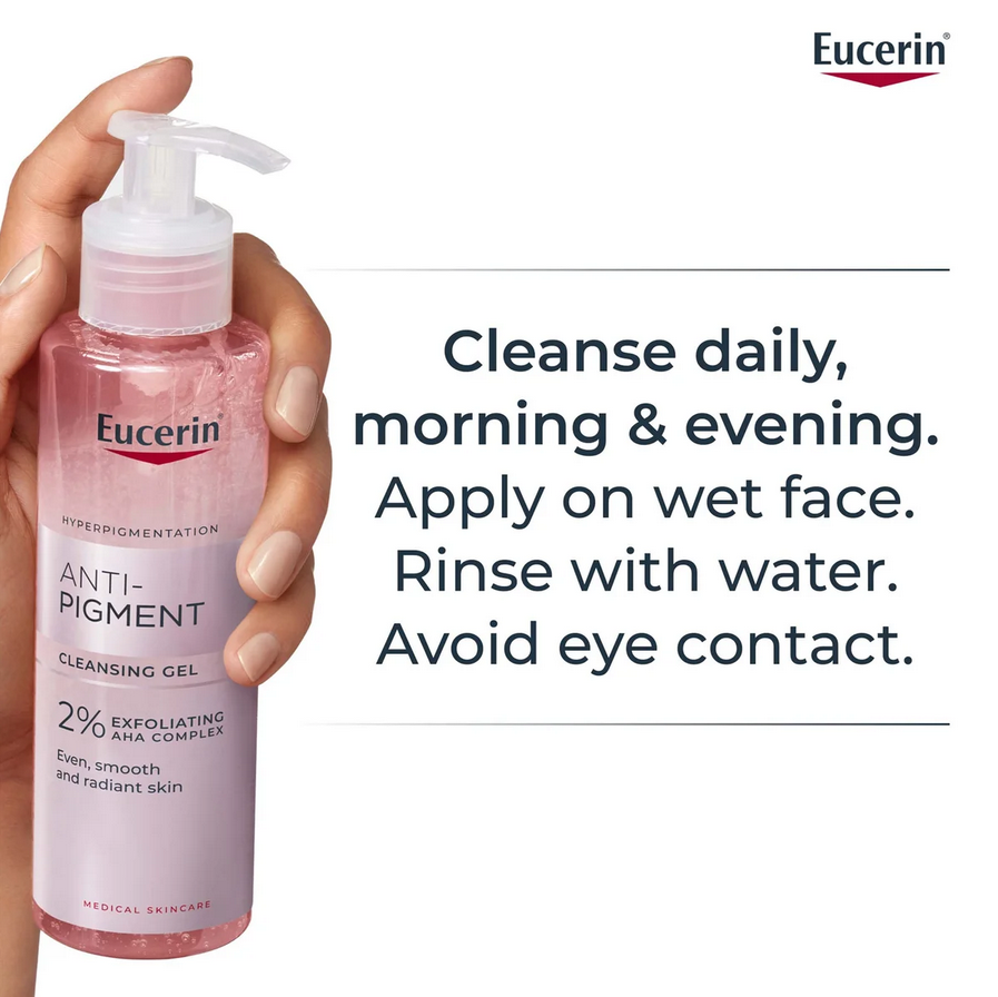 Eucerin Anti-Pigment Cleansing Gel bottle held by a hand with product instructions.