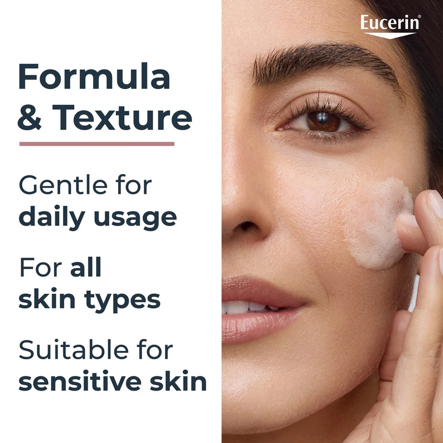 Eucerin skincare product application with text on formula and texture