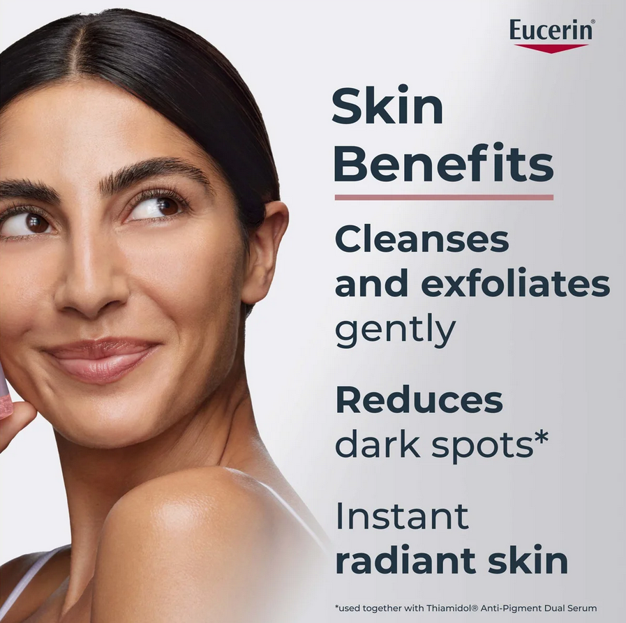 Eucerin advertisement with a woman's face and text about skin benefits on a light gray background